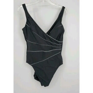 MIRACLESUIT One Piece Swimsuit Criss Cross Front Sz 16 Black w/ Black White Trim